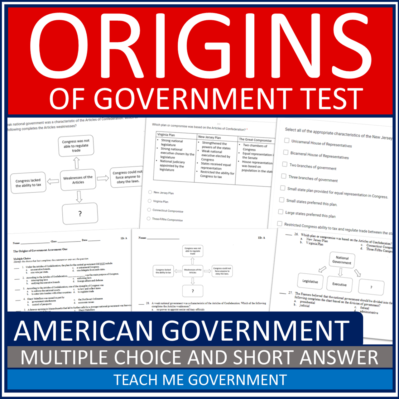 Origins of Government Multiple Choice & Short Answer Test American Government
