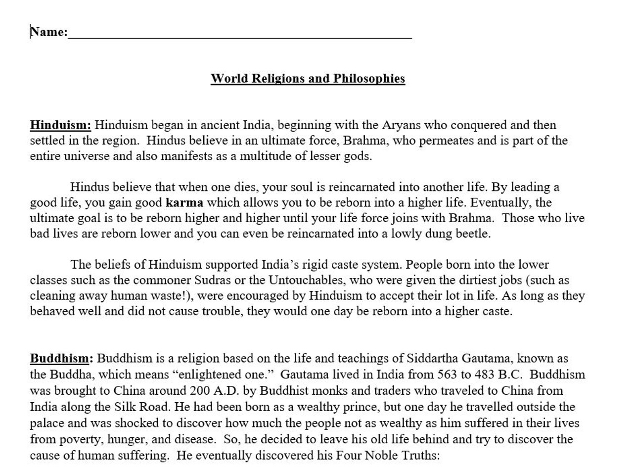 World Religions: Hinduism, Buddhism, Daoism, Christianity Comparison Activity
