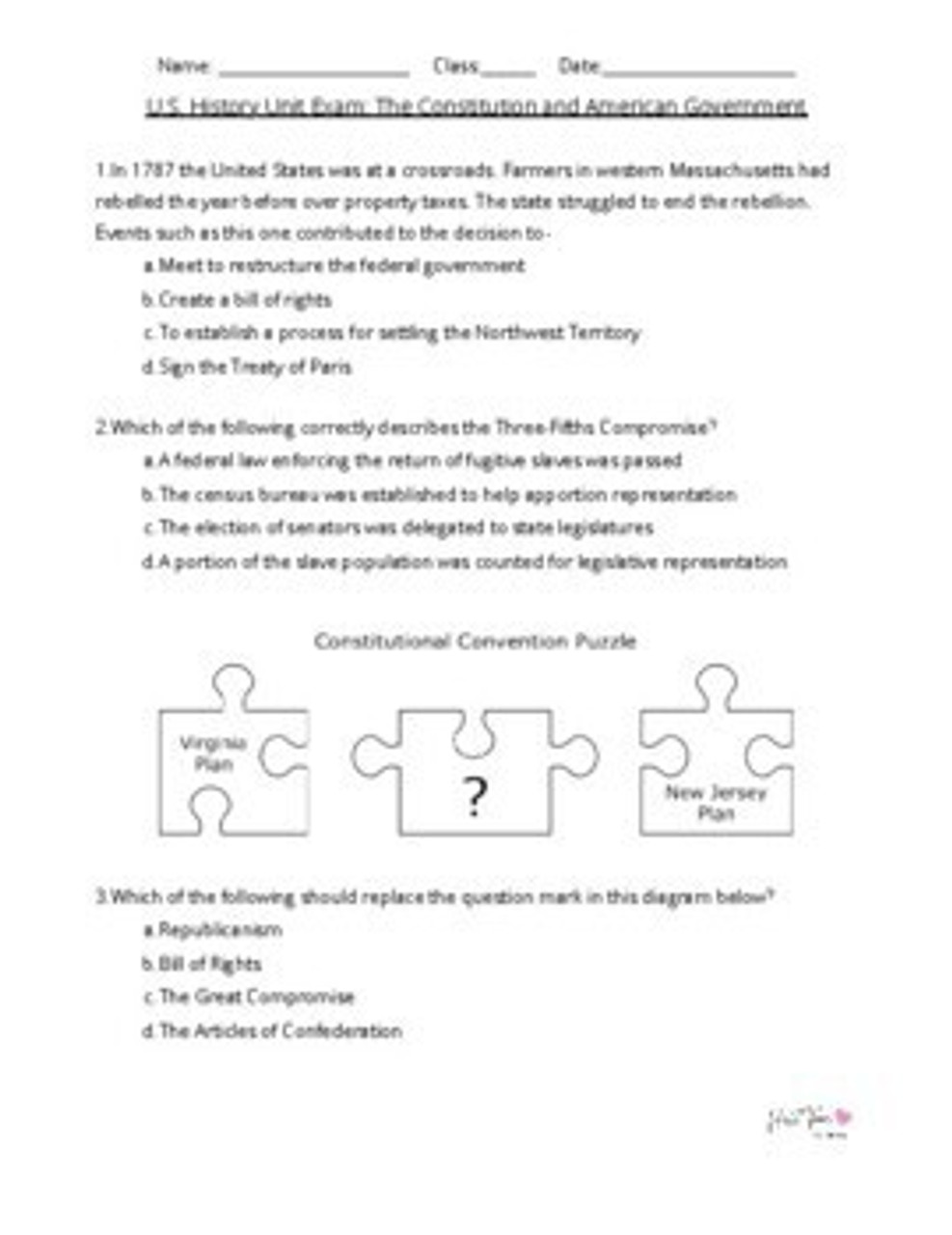 American Constitution and Government Quiz, Study Guide, and Exam with