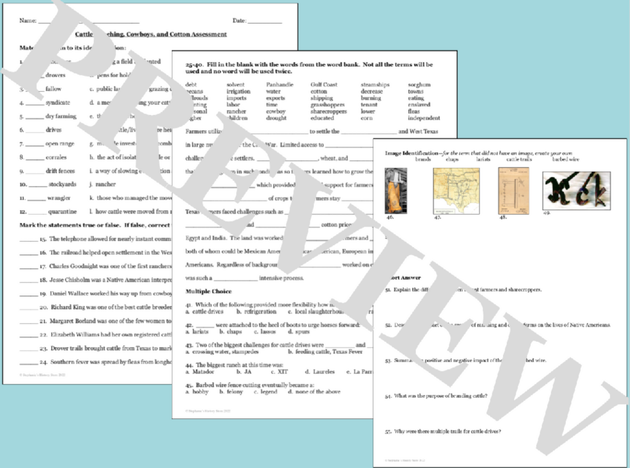 Texas Cattle Ranching, Cowboys, and Cotton Test