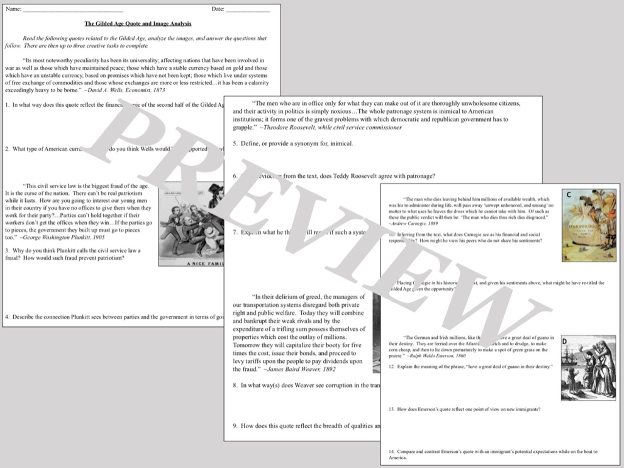 Gilded Age Primary Source Analysis BUNDLE