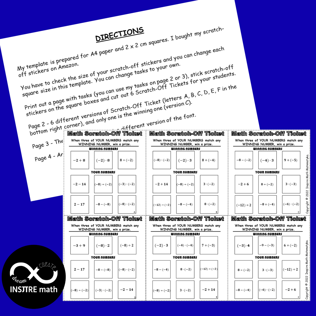 FREE Math Scratch-Off Tickets Lottery Editable Template + Integer Operations