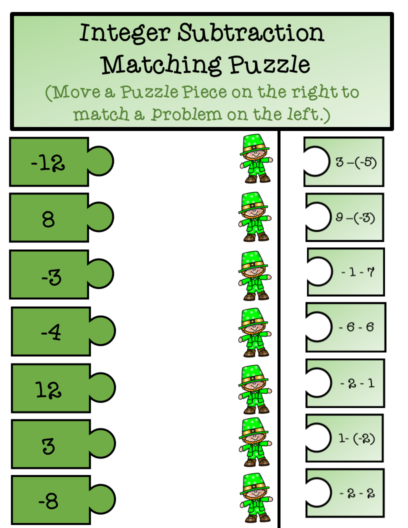 St. Patrick's Day Integer Addition and Subtraction Matching Puzzle ...