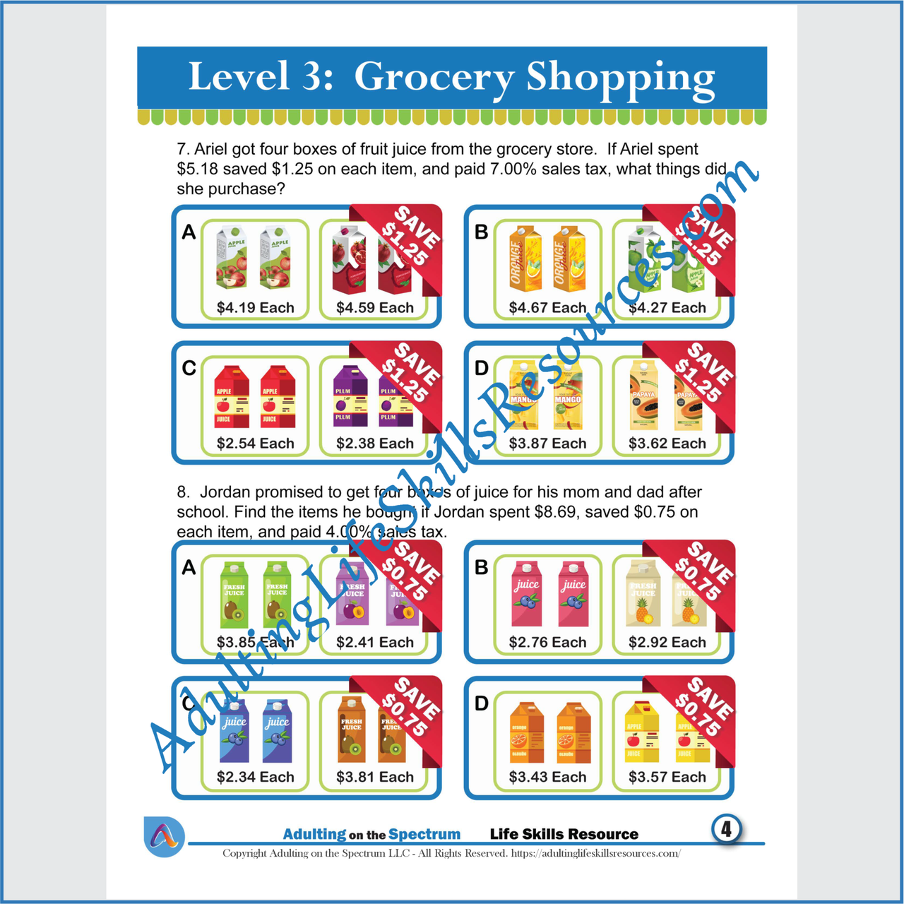 Functional Money Math Life Skills Worksheets -  Grocery Shopping Level 3