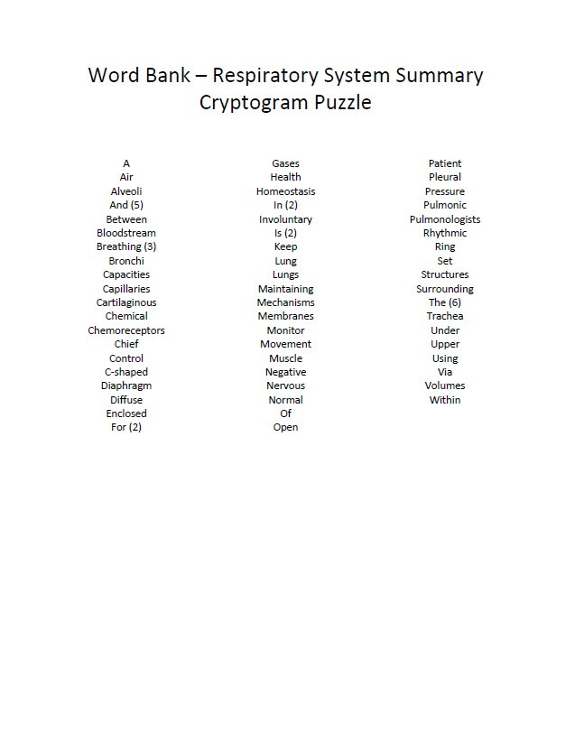 Respiratory System Summary Cryptogram Puzzle - Amped Up Learning