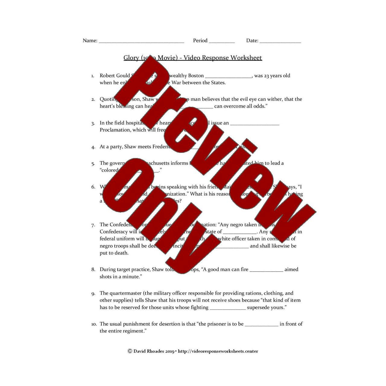 Glory (1989 Movie) Video Response Worksheet & Key (Editable) Amped Up Learning