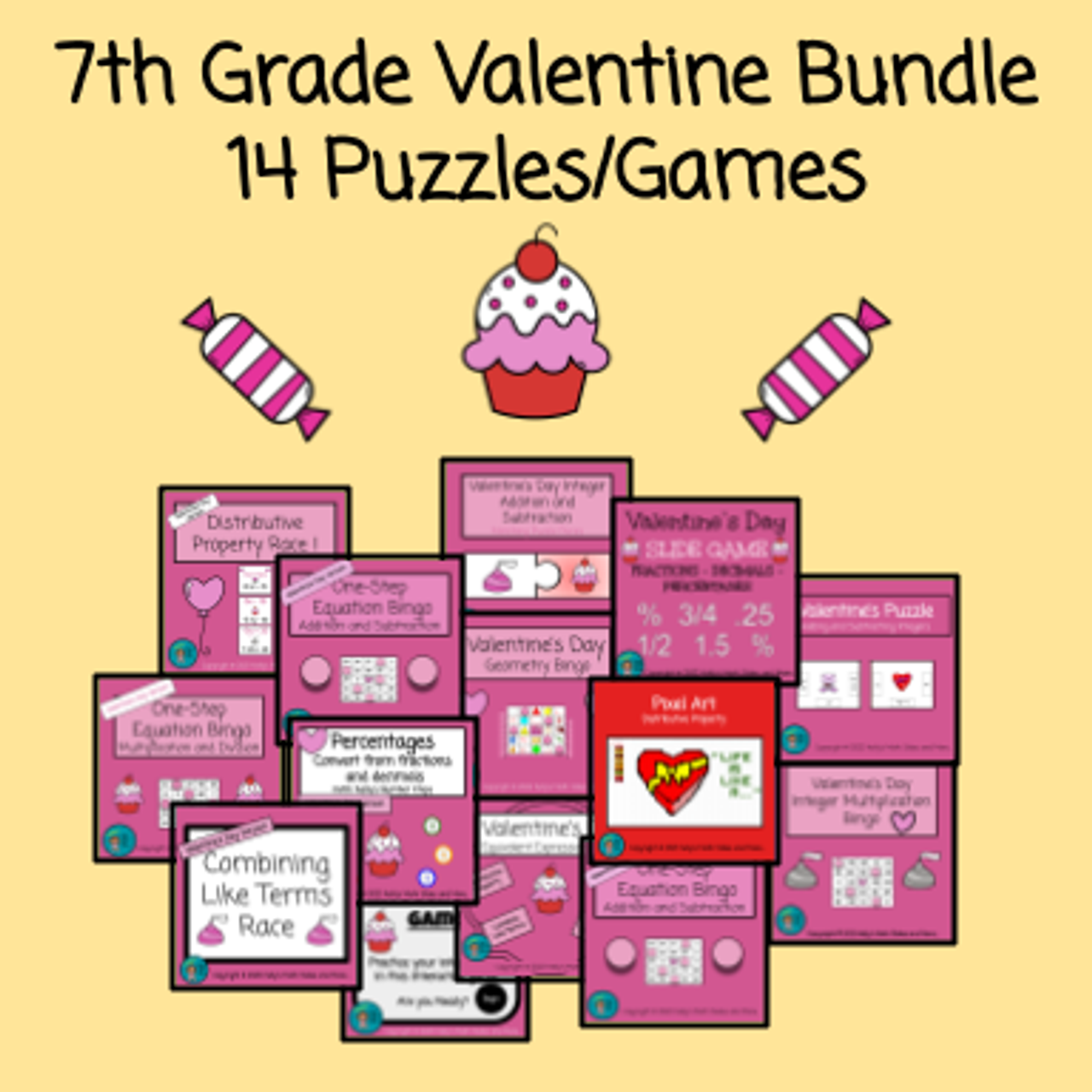 7th Grade Valentine's Day Bundle - 14 Lessons/Games/Puzzles