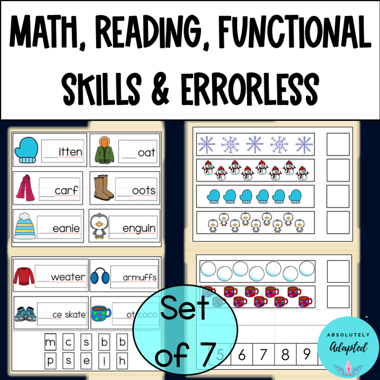 Set of 7 file folder activities including errorless, reading, math, matching, and sorting.