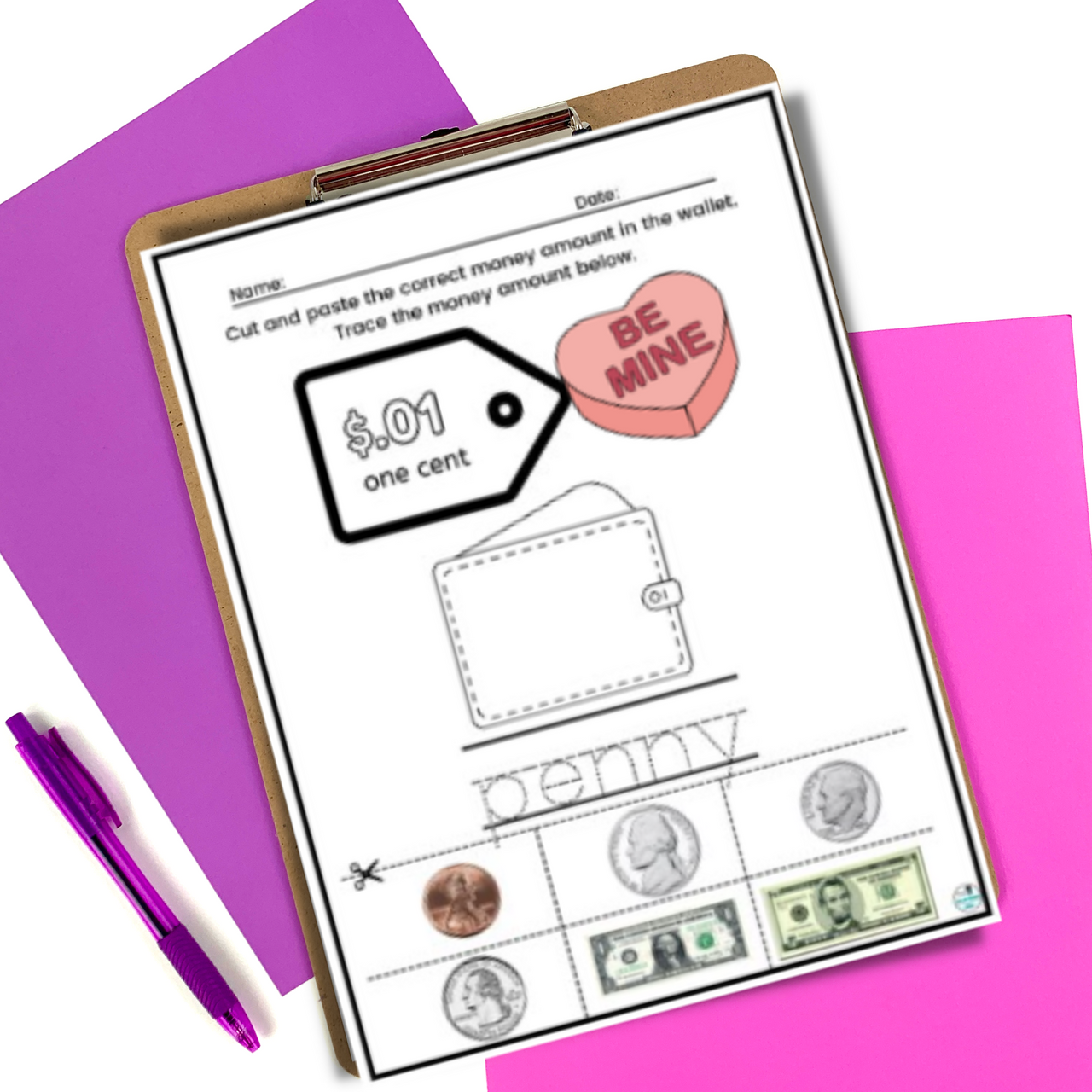 Valentine's Day Identify and Count Money Math Life Skill Worksheets