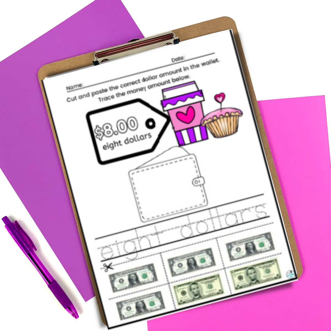 Valentine's Day Identify and Count Money Math Life Skill Worksheets