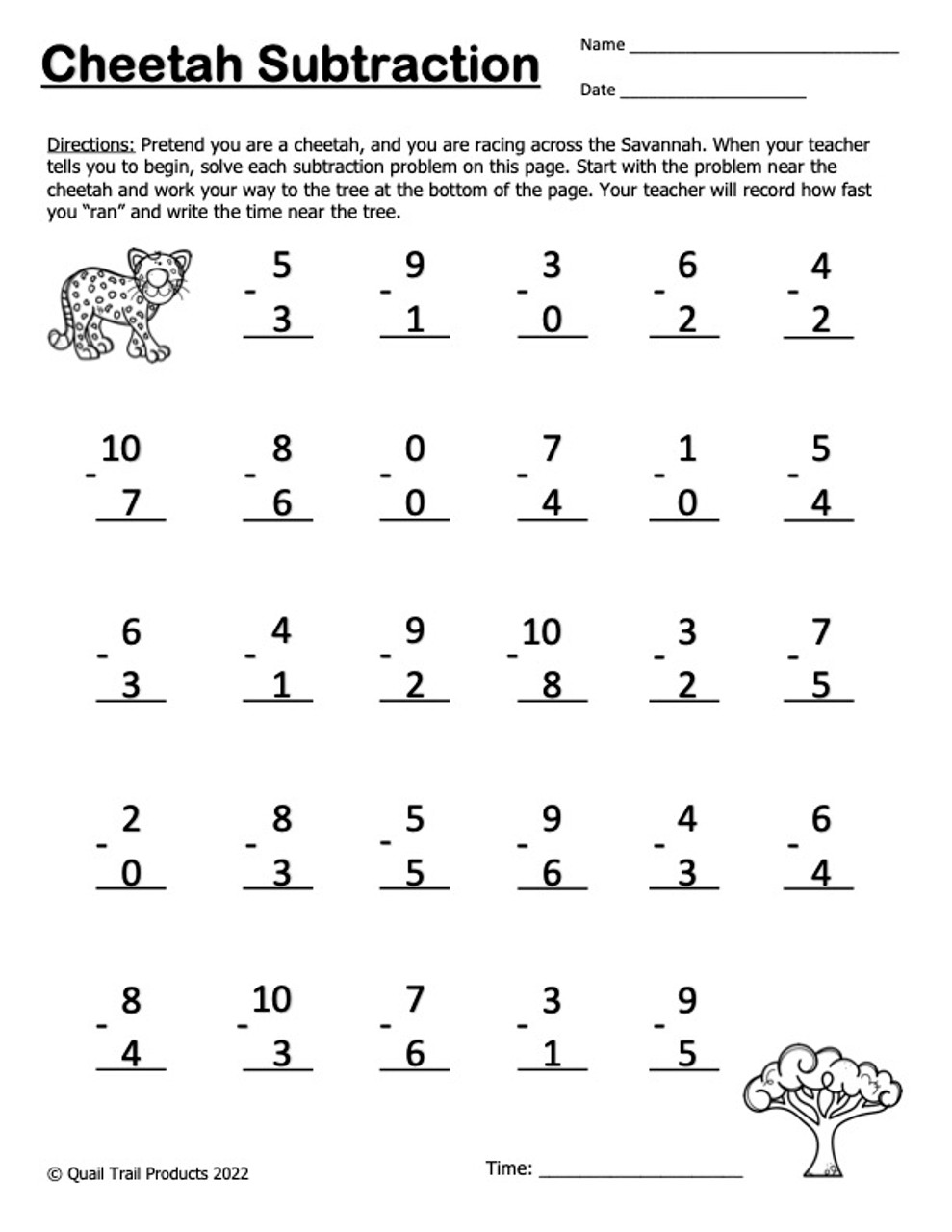 Single Digit Subtraction Worksheets and Timed Assessments