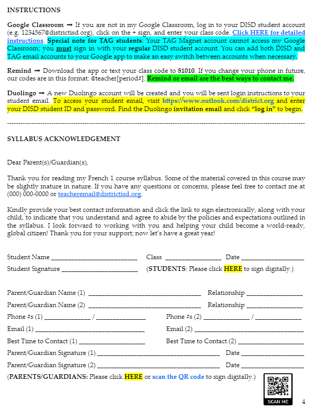 French Syllabus Editable Templates