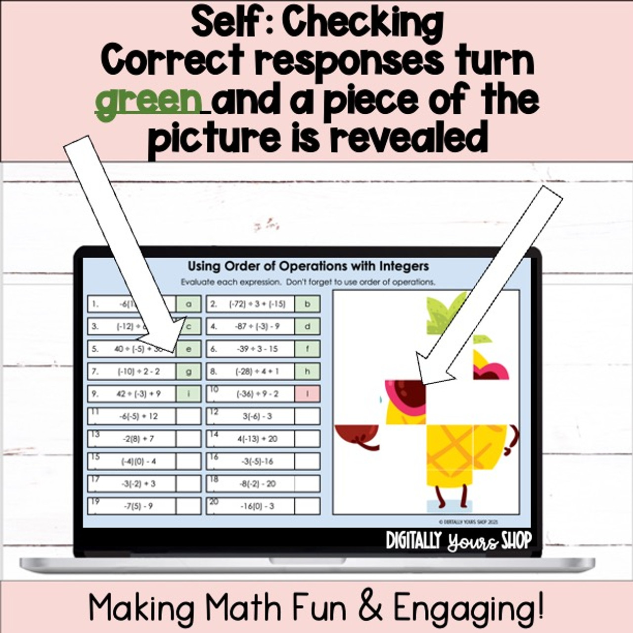 Order of Operations with Integers Self-Checking Digital Activity