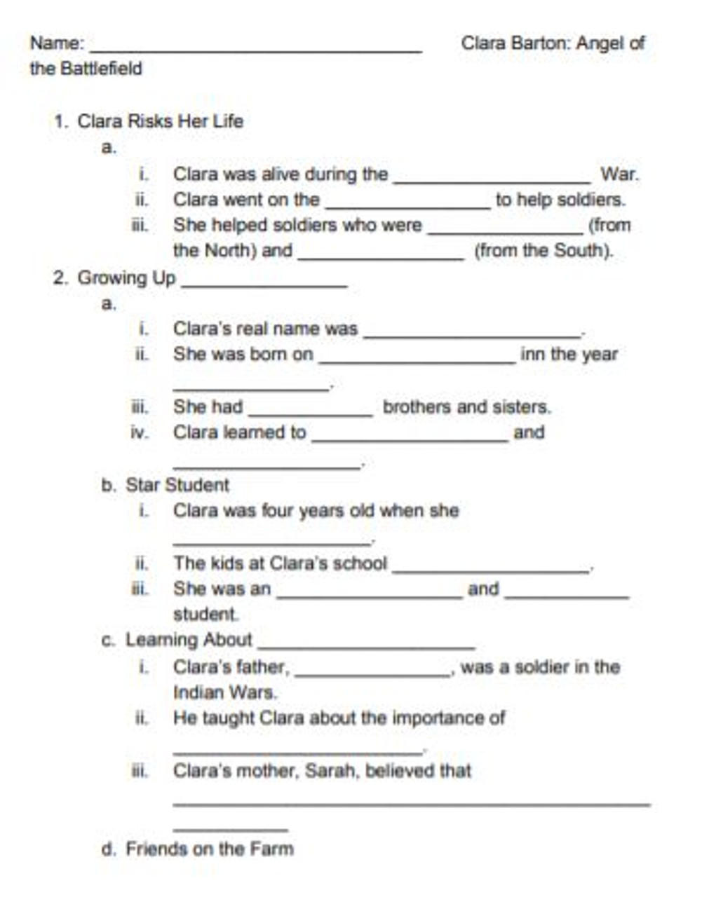 Clara Barton: Angel of the Battlefield Outline Cloze Biography Time for Kids