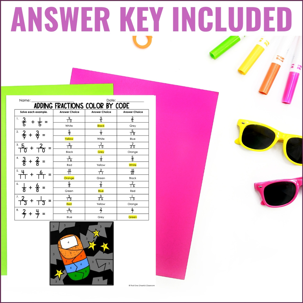 Summer Color by Number Adding Fractions Practice Worksheet - Camping Theme