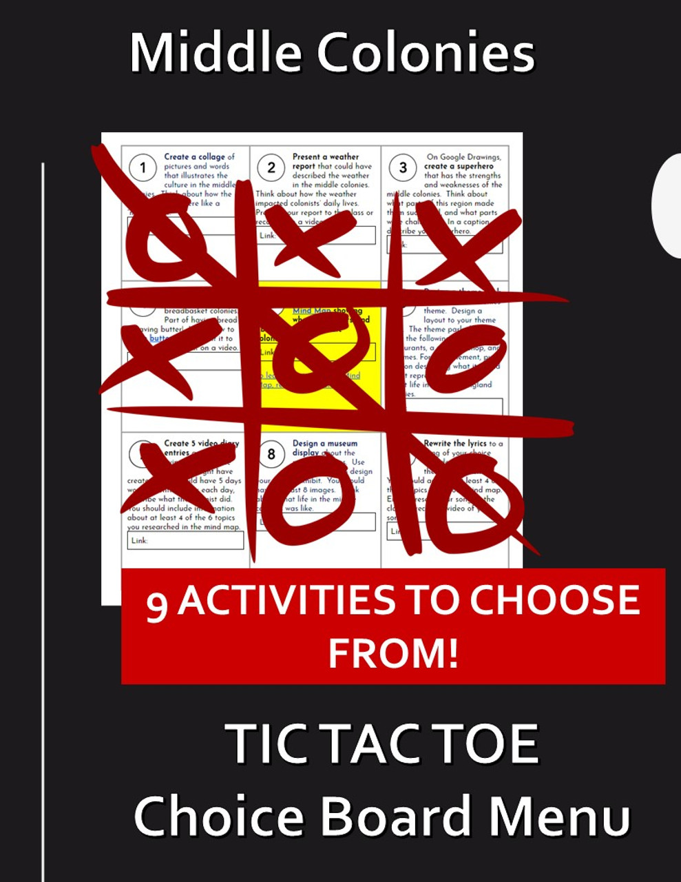 Middle Colonies Choice Board: Colonial America Tic Tac Toe Menu