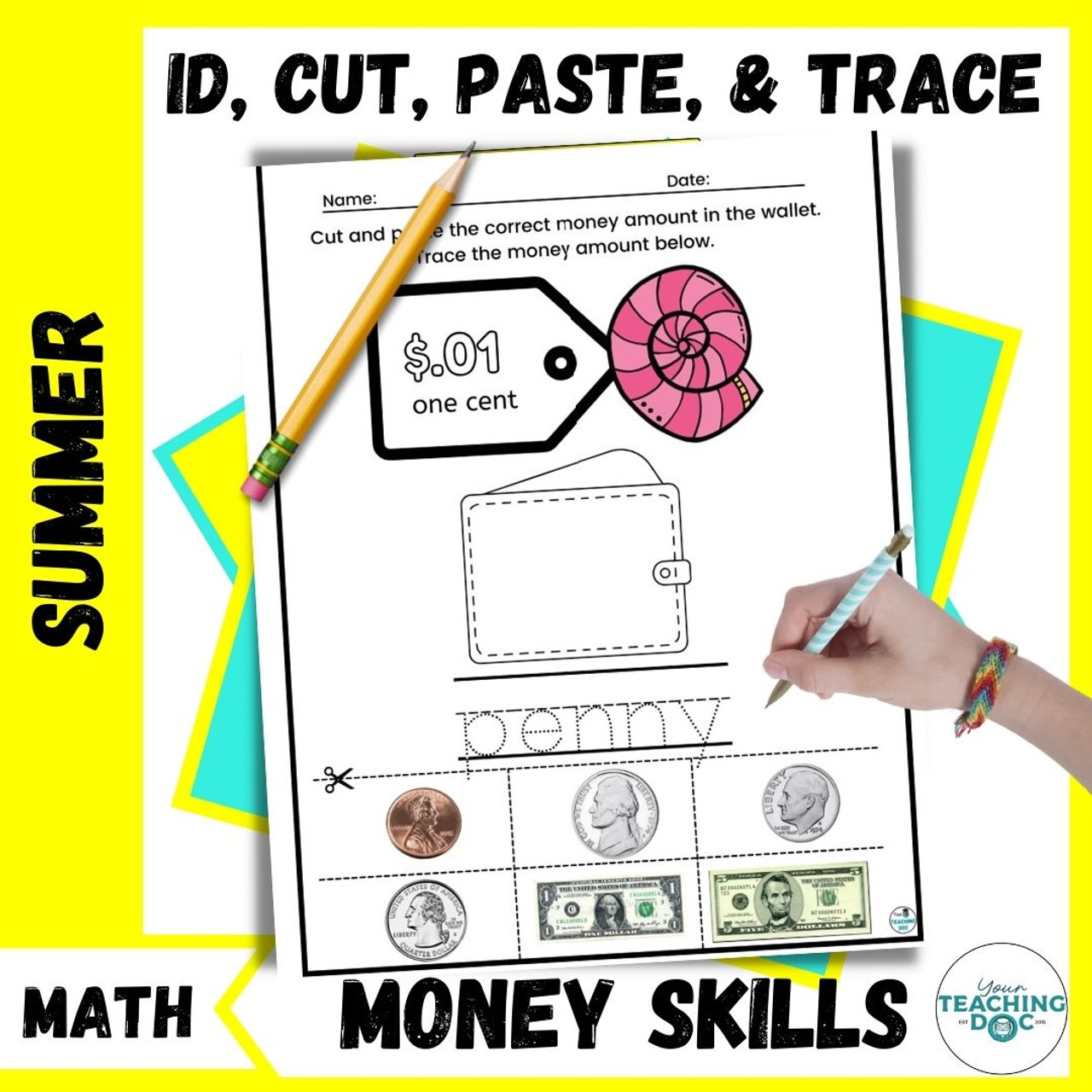Summer Identify and Count Money Worksheets: ID, Cut, Paste & Trace