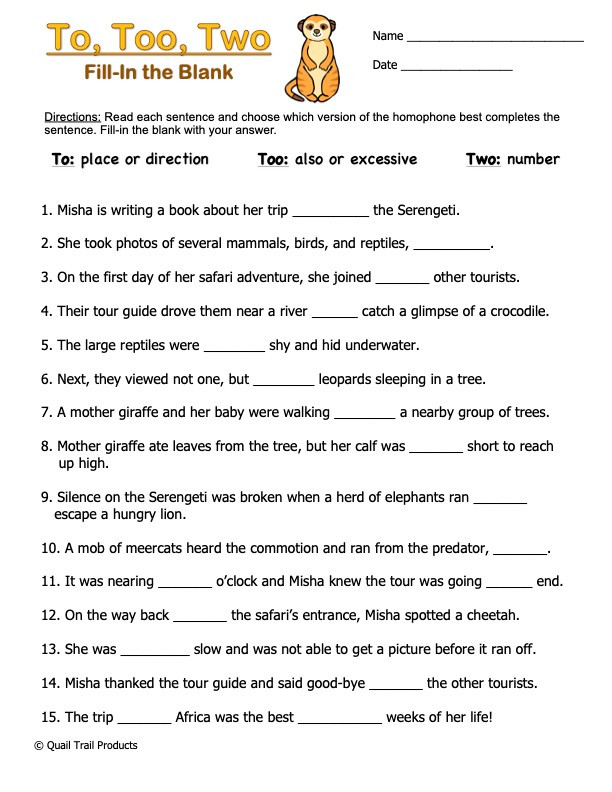 Homophones to, too, & two Safari worksheets