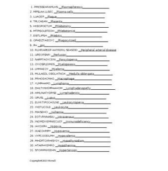 Blood Vessels and Blood Vocabulary II Word Scramble for Medical