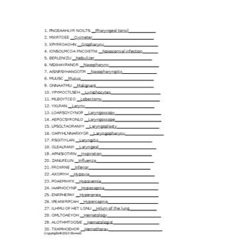 Respiratory System II Word Scramble for a Medical Terminology Course