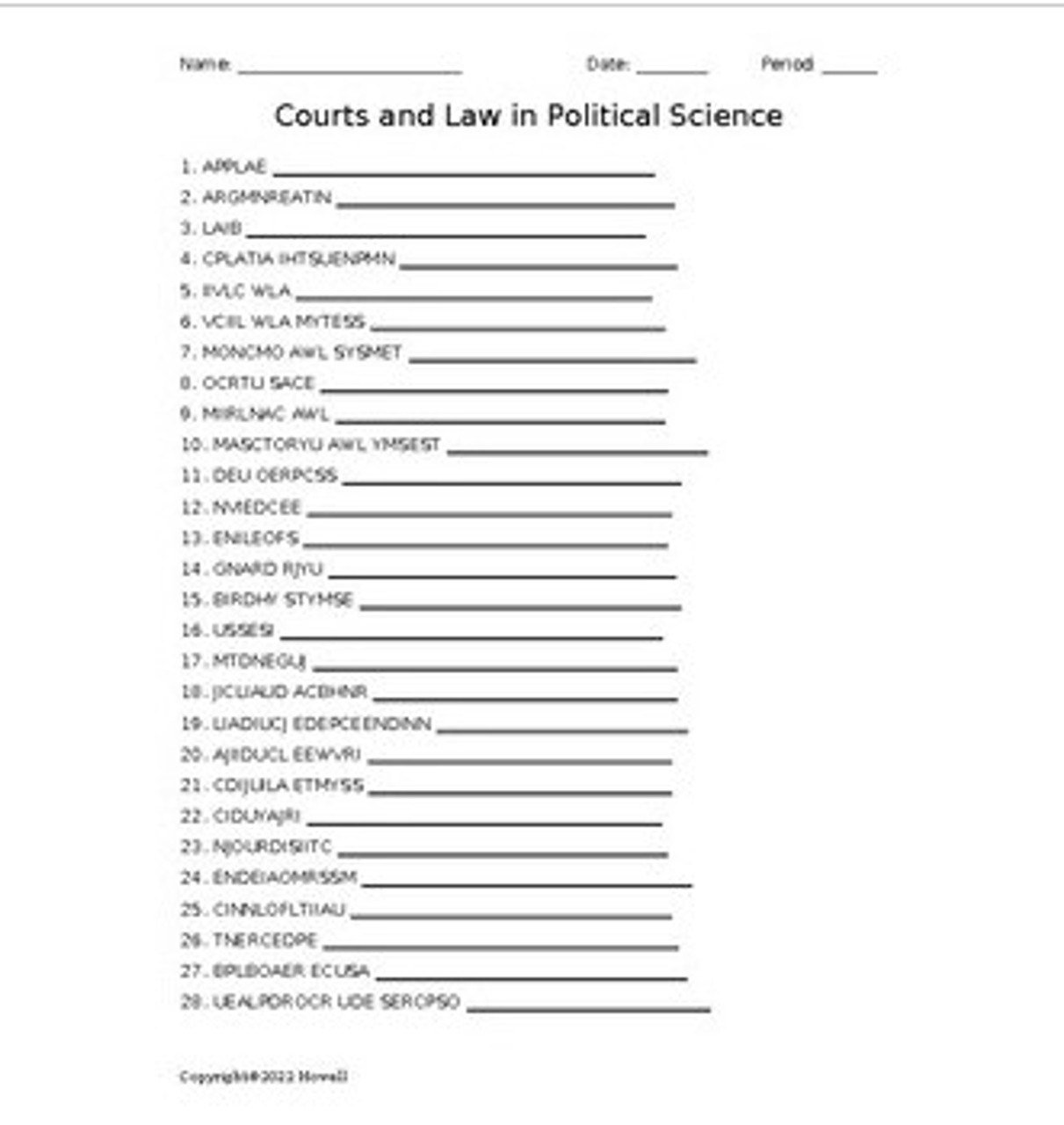 Courts and Law in Political Science Vocabulary Word Scramble