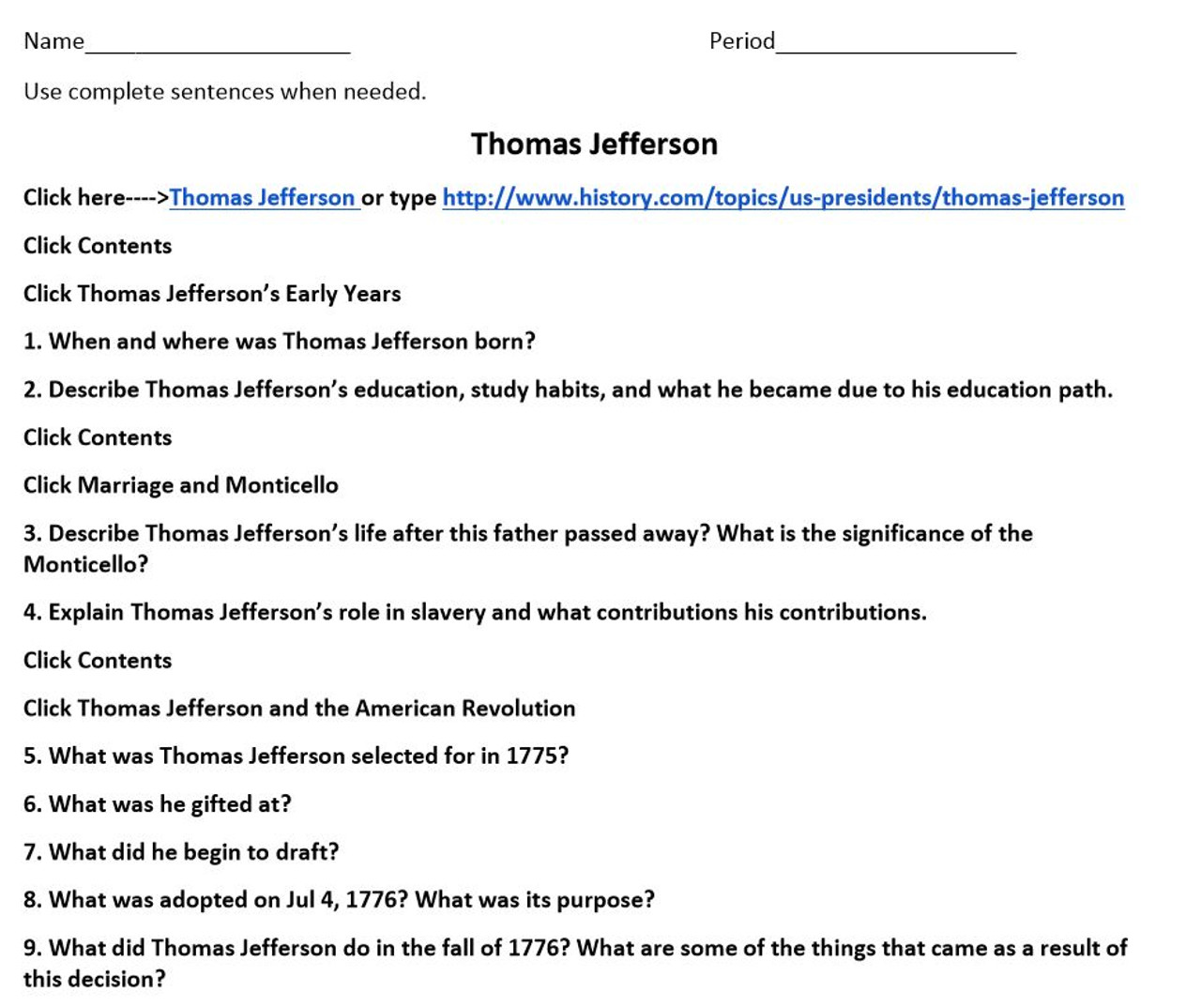 Thomas Jefferson Webquest