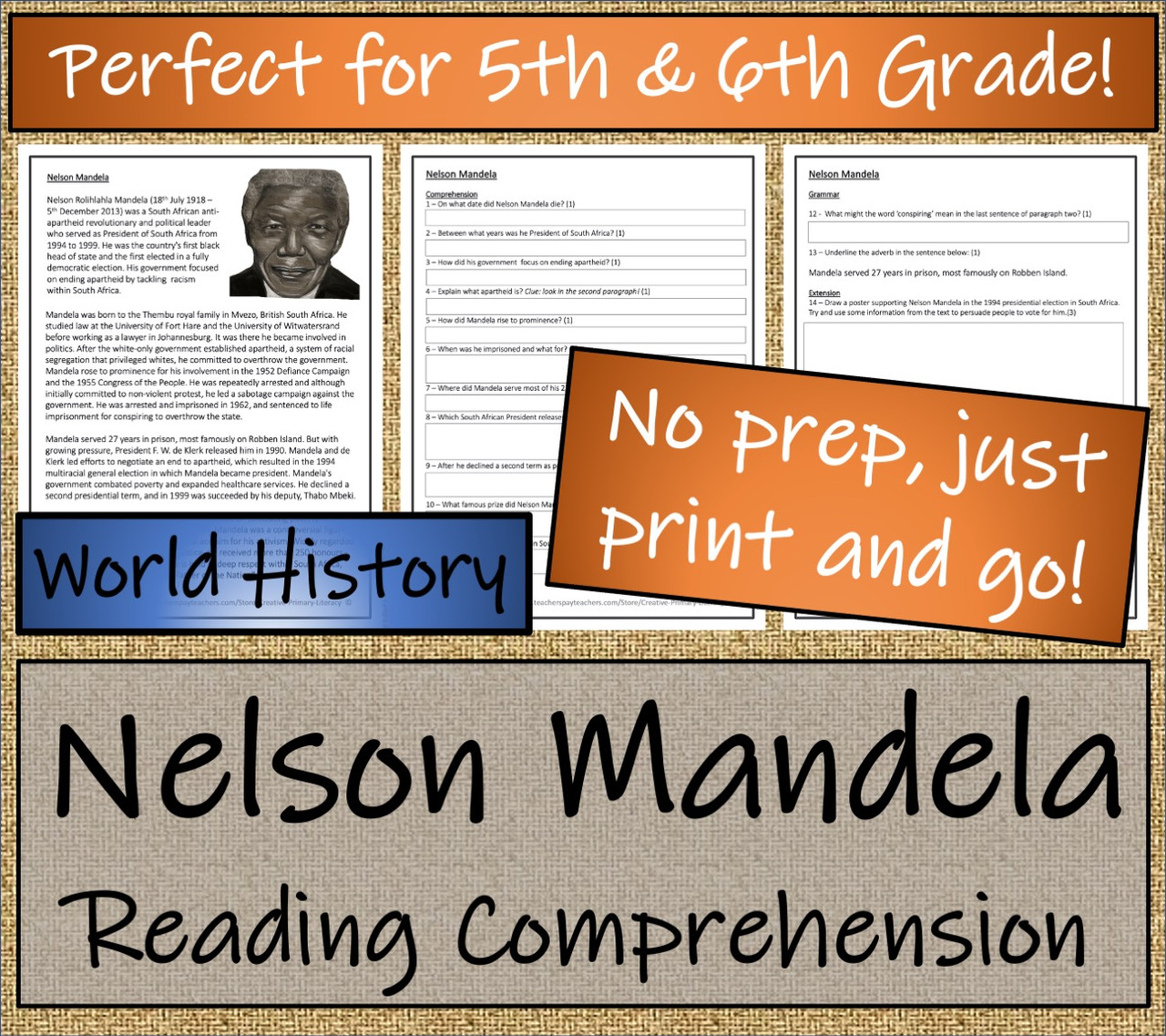 Nelson Mandela Close Reading Activity | 5th Grade & 6th Grade