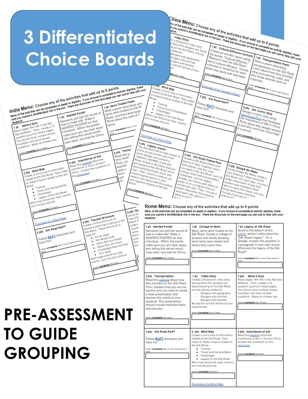 Silk Road Differentiated Choice Board Learning Menus (set of 3)