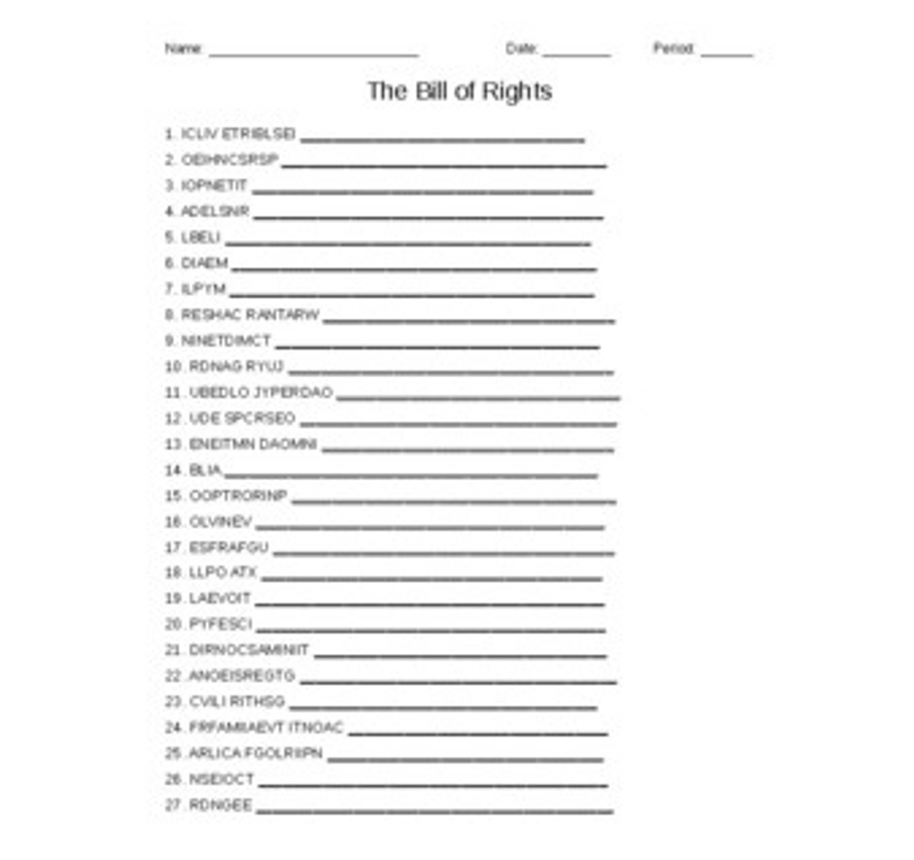 The Bill of Rights Vocabulary Word Scramble for a Civics Course Amped