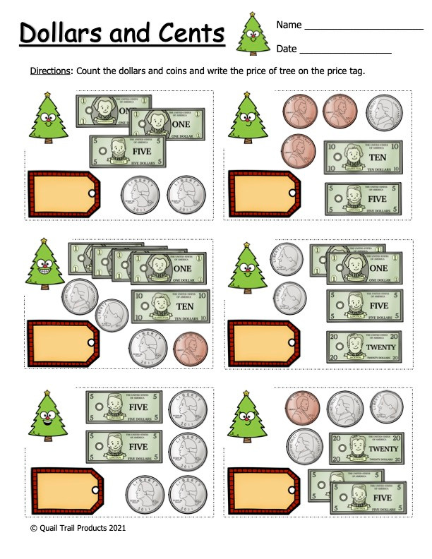counting money worksheets | christmas tree theme