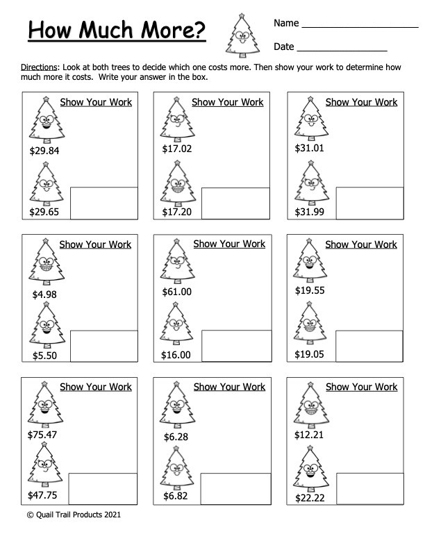 counting money worksheets | christmas tree theme