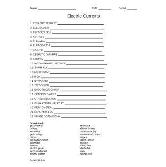 Electric Currents Word Scramble for Physics Amped Up Learning