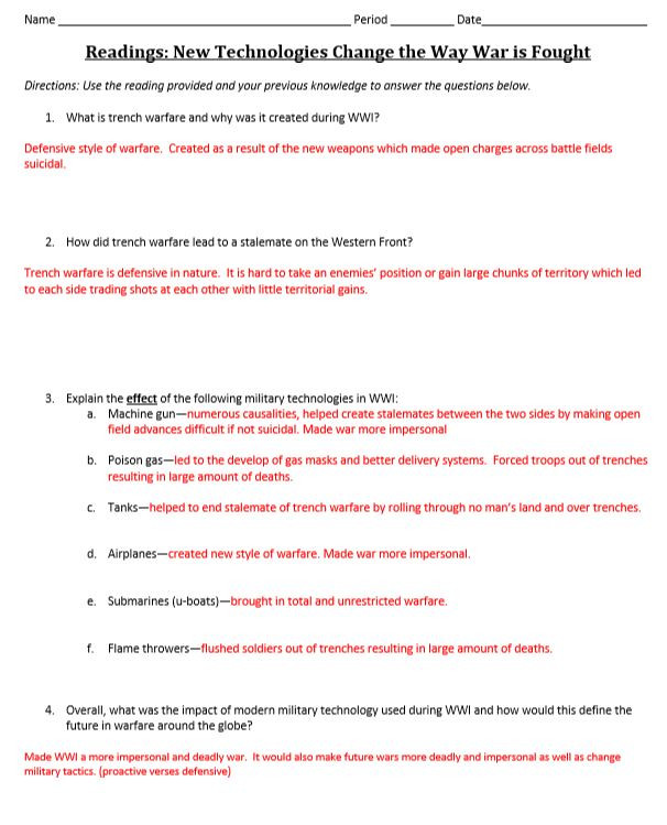 WWI New Technology Questions Worksheet - Amped Up Learning
