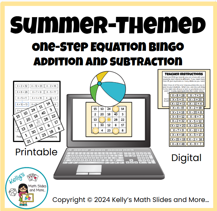 Summer One-Step Equation Bingo - Addition and Subtraction Algebra ...