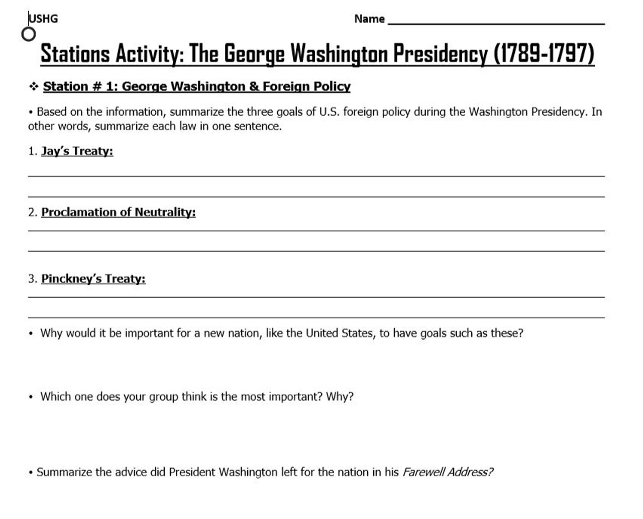 George Washington Presidency Stations Lesson