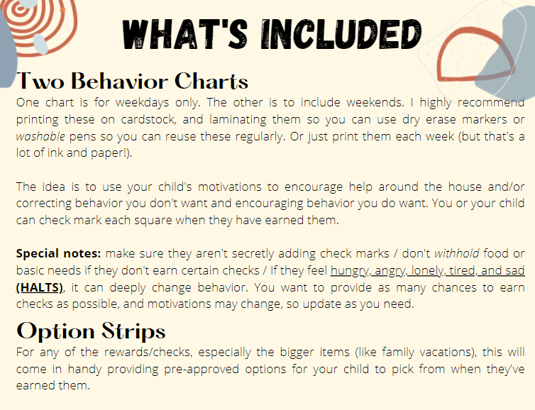 Behavior Chart: Weekdays and Whole Week versions
