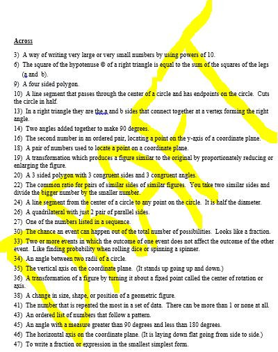 Math Vocabulary Crossword Puzzle