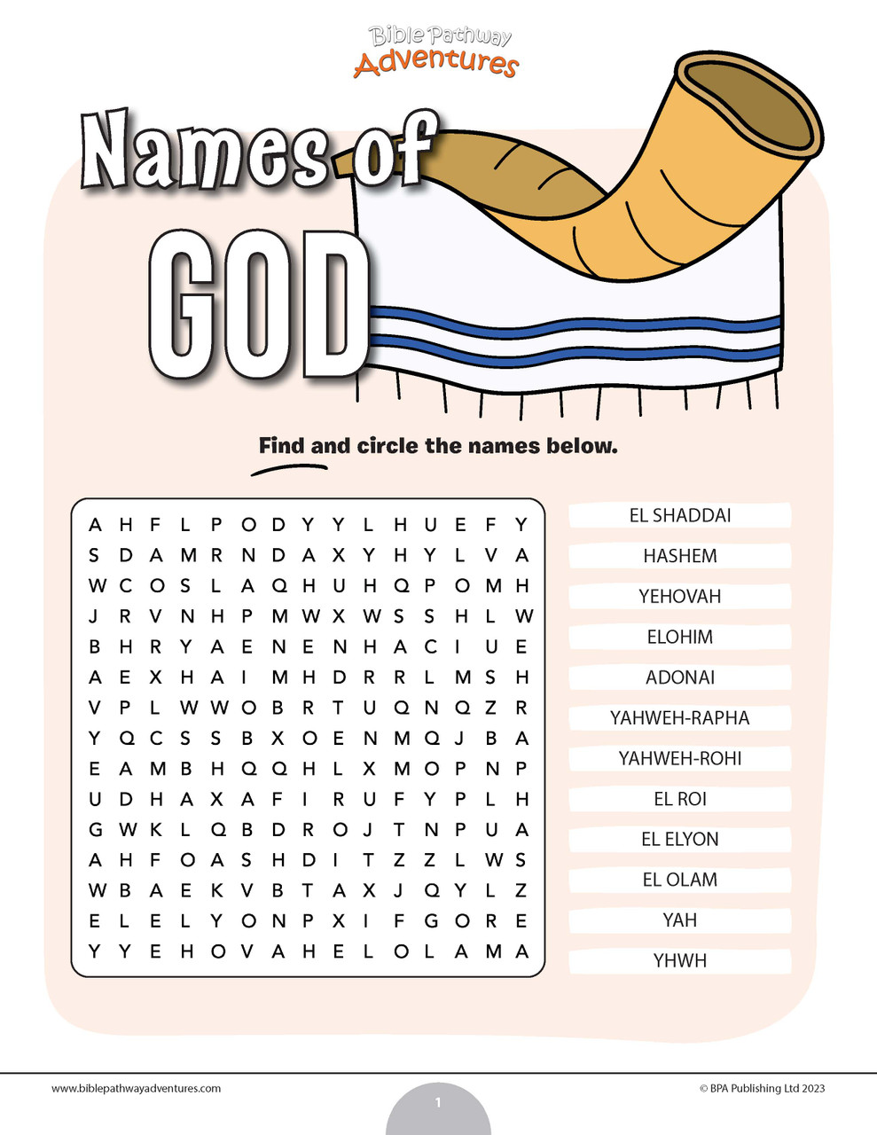 Names of God Bible word search puzzle