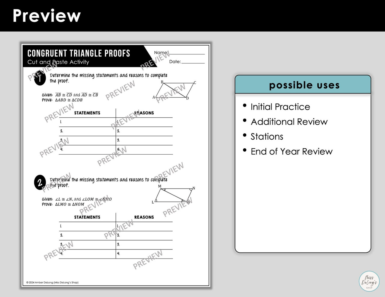 Congruent Triangle Proofs Cut and Paste Activity Print Version