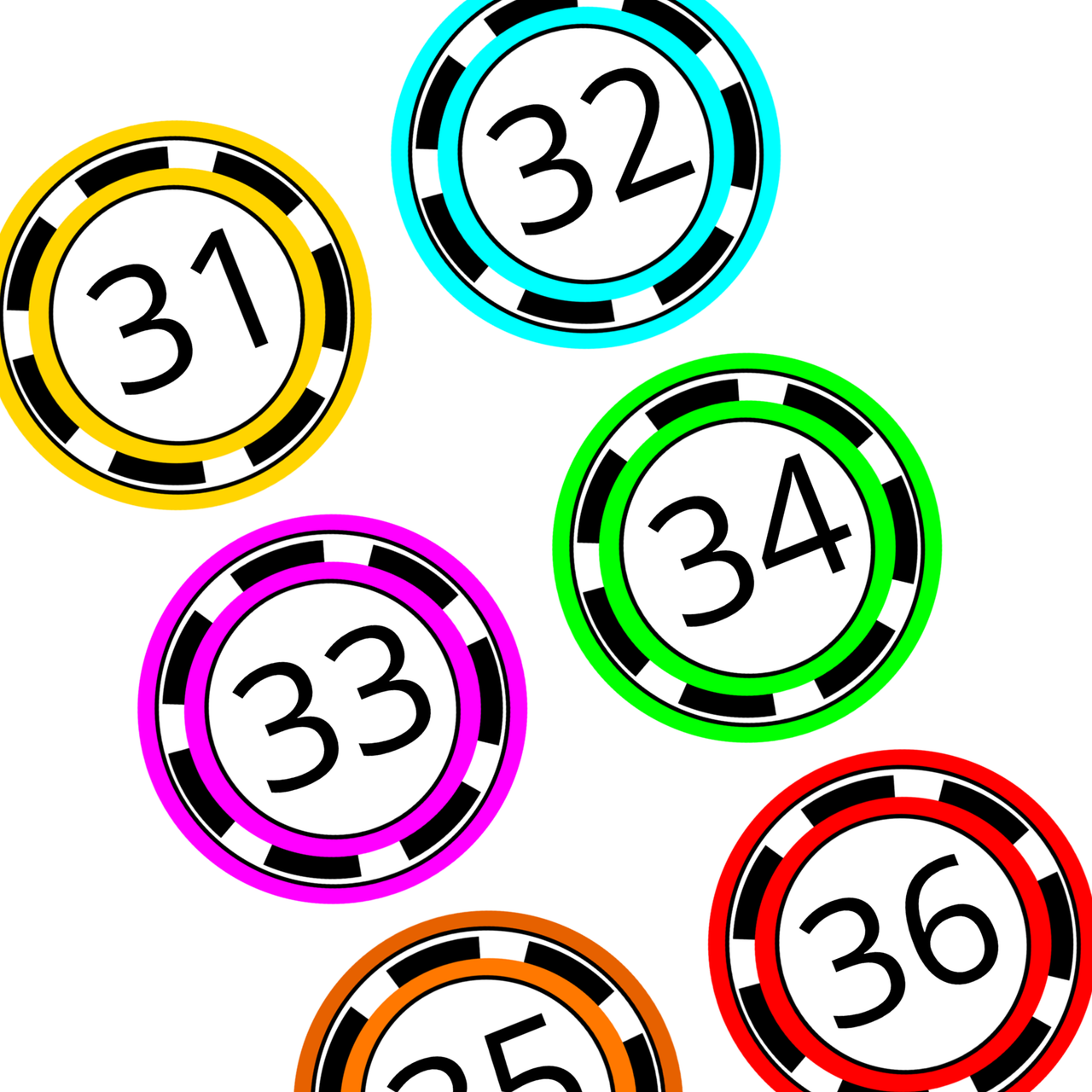 Printable Number Labels 1 to 36, Round Bright Number Labels, Editable
