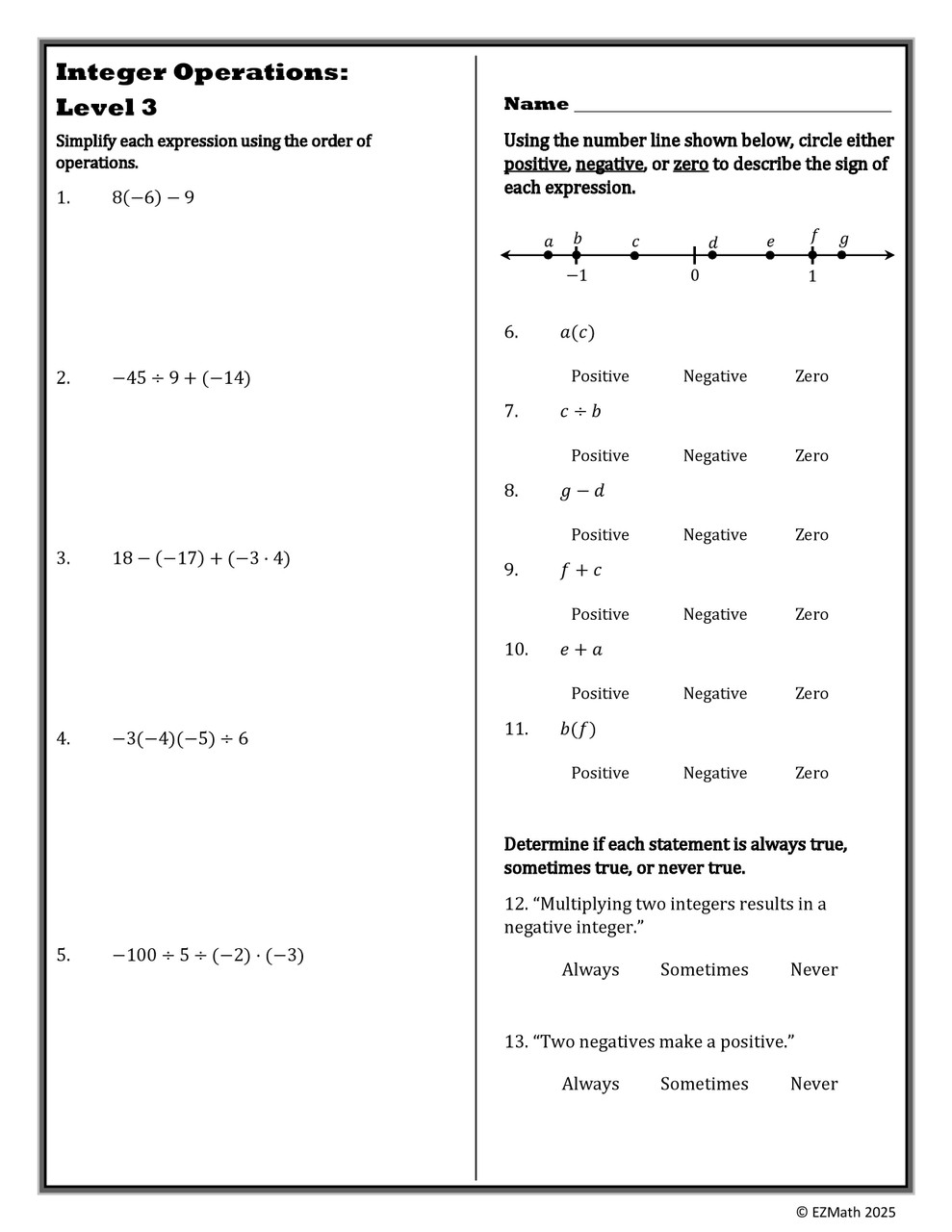 Level Ups: Operations With Integers Practice Activity | 7th Grade Math ...