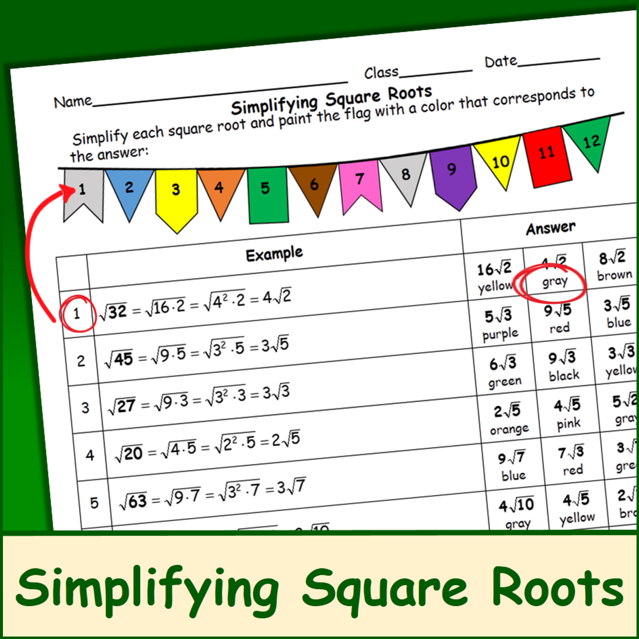 Simplifying Square Roots (Coloring Activity) Inside Simplify Square Root Worksheet