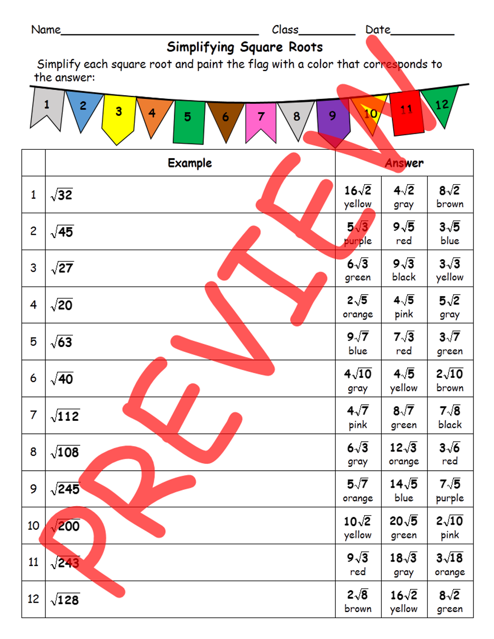 Simplifying Square Roots (Coloring Activity) With Regard To Simplifying Square Roots Worksheet Answers