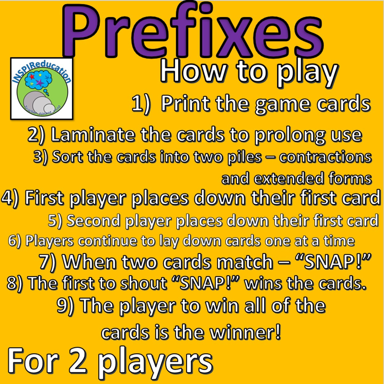 Prefix/Affix Snap! Game for 2 players. 128 cards, 32 prefixes and 32 ...
