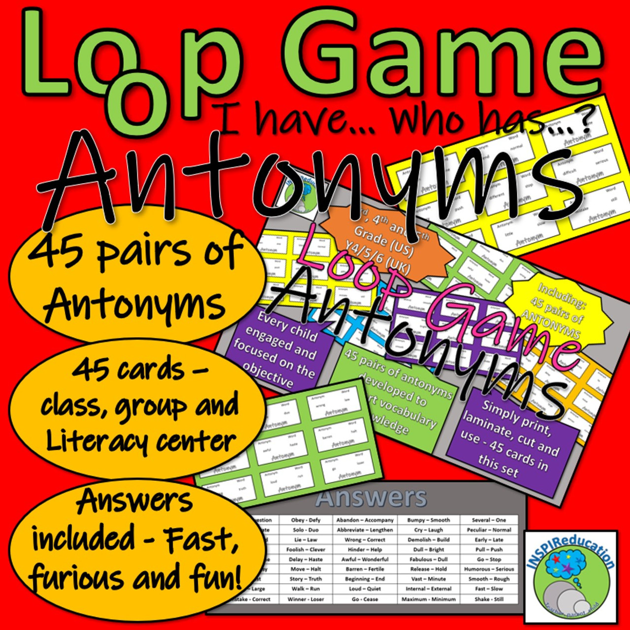 Antonyms (opposite meaning) Loop Game - "I have... Who has...?" 45 Pairs of words