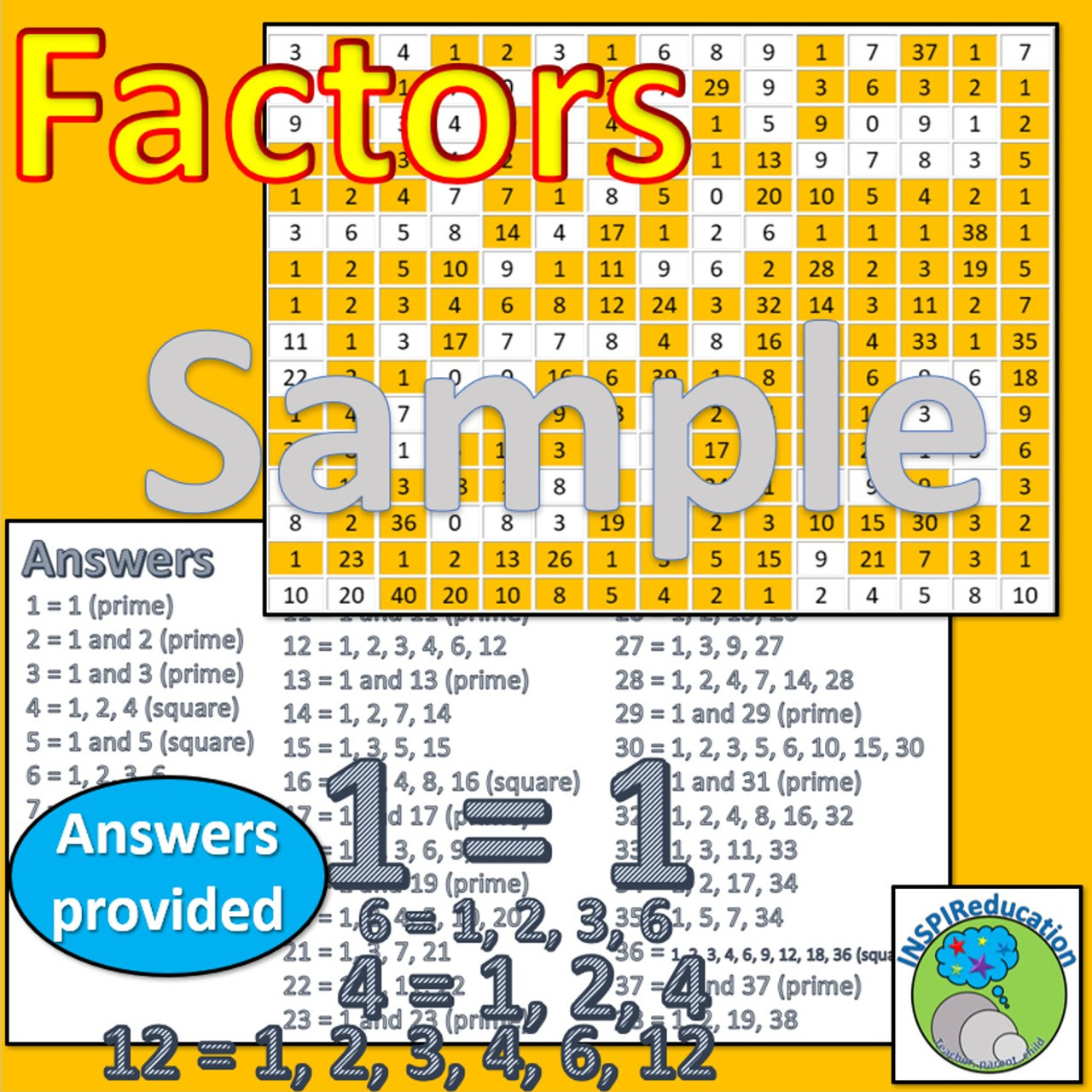 Factors in numbers 1 - 40: Number search. Solve the problems to find the factors