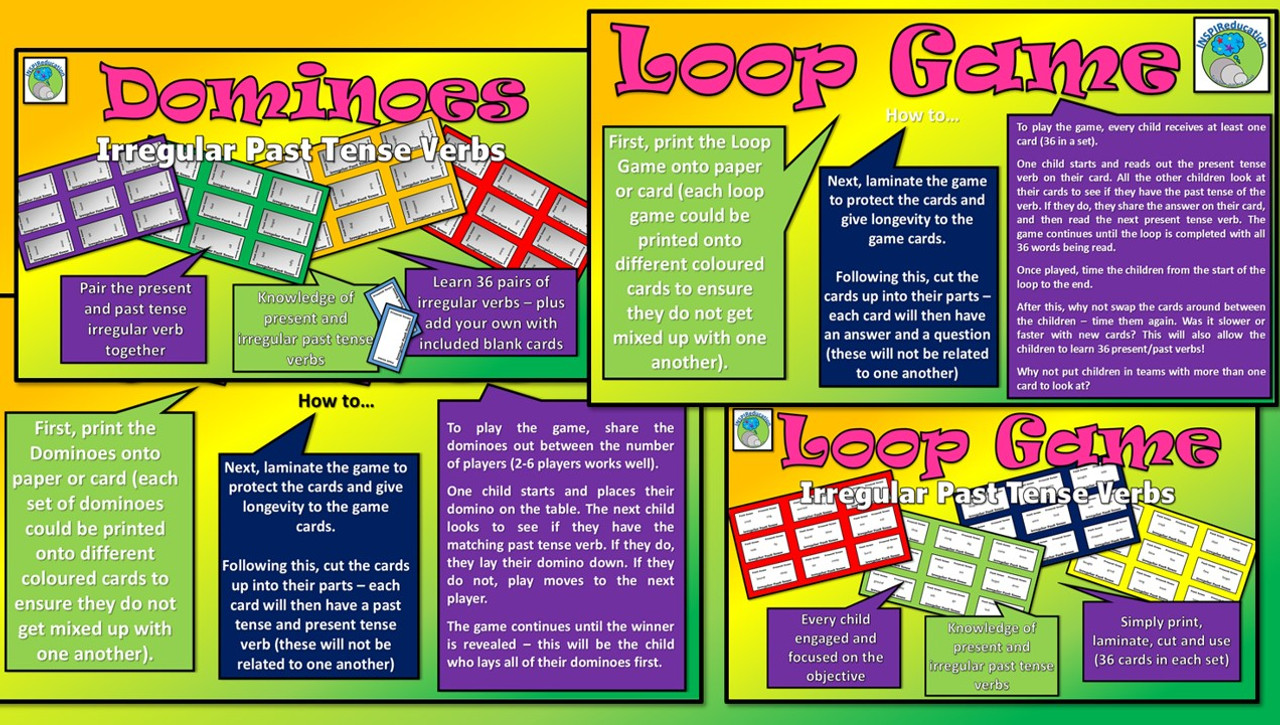 Irregular Verbs - 5 Activities to Support Teaching (Dominoes, Bingo Game, Flash Cards, Cloze Procedure, Loop Game)