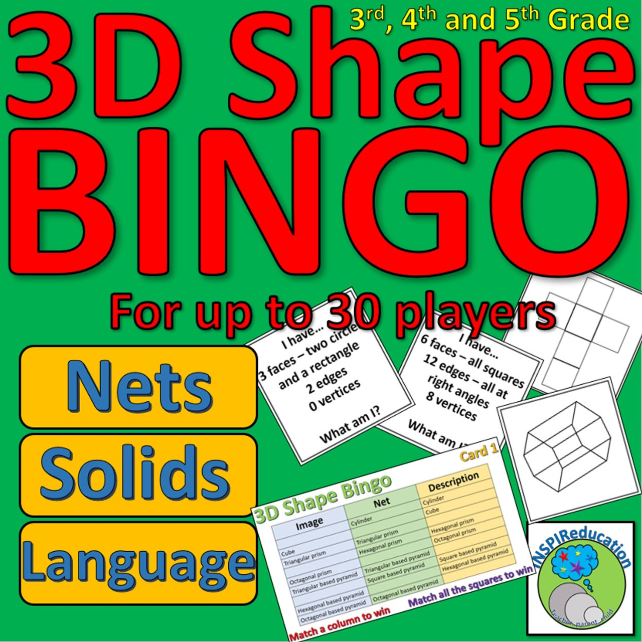 3D Shape Bingo, Images of shapes, nets and descriptions for up to 30 Players