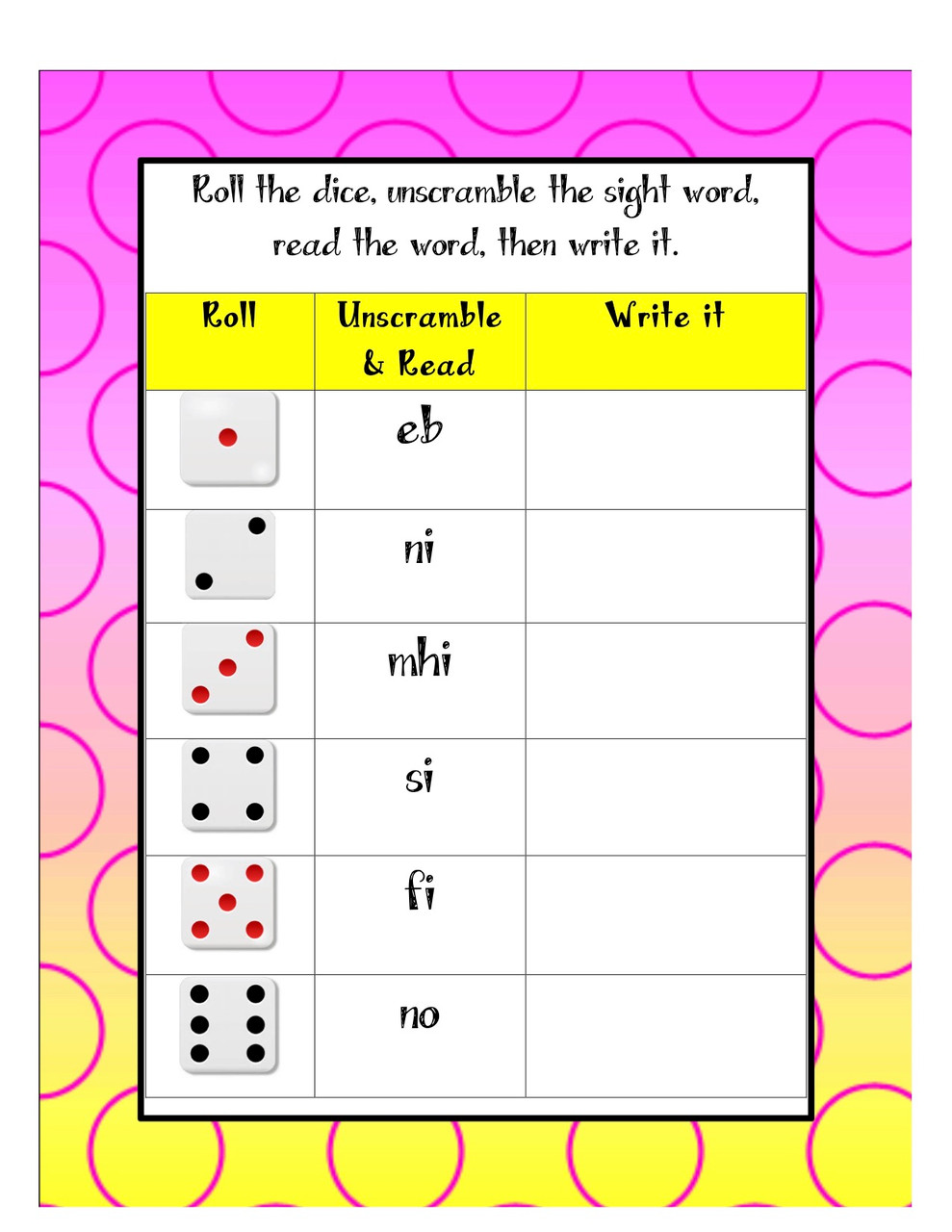 Roll, Read, Unscramble Sight Words