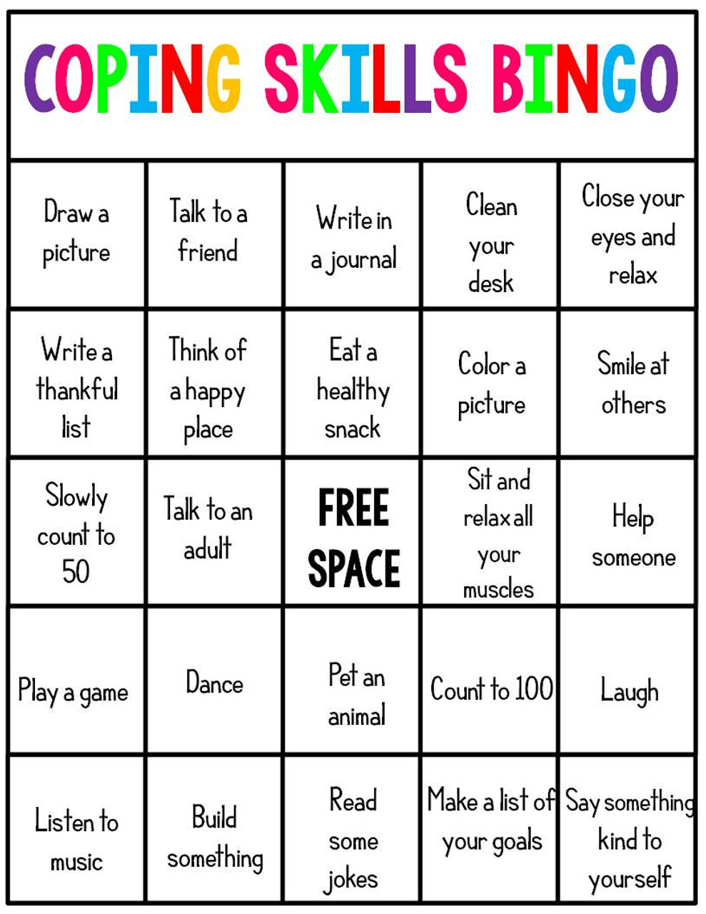 Free Printable Coping Skills Bingo Cards